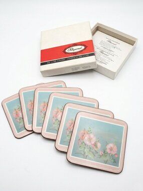 Vintage Pimpernel Cork Coasters Set of 6 Hollyhocks Pink Floral Made in England